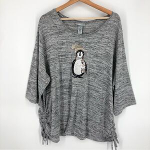 Catherines Shirt Womens 2X Penguin Sequins Gray Marl Ruched Tie Sides 3/4 Sleeve